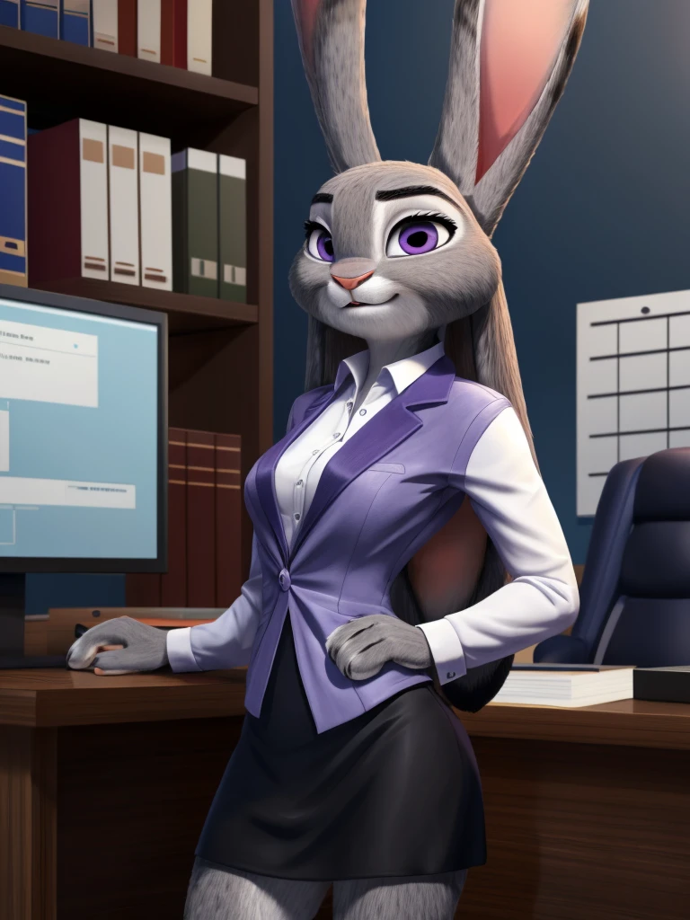 best quality,
masterpiece,
High quality
ultra-detailed
beautiful detailed,
hyper Realistic,
Portrait,
Looking at the audience,
detailed background,
background is an office,

(Face is JudyHopps:1.3),
((long straight hair)),
wispy bangs, bangs,
purple eyes,
(arched eyebrows:1.1),
(uplift eyebrows:1.1),
(rabbit ears:1.1),

office lady is wearing suit,
((White blouse)),
((Black blazer jacket)),
((Black skirt)),
clothes made of cotton,

(body is gray felt:1.3),
human hands,

(solo:1.5),
(1 lady:1.5),
one character only
alone,
Perfect Anatomy