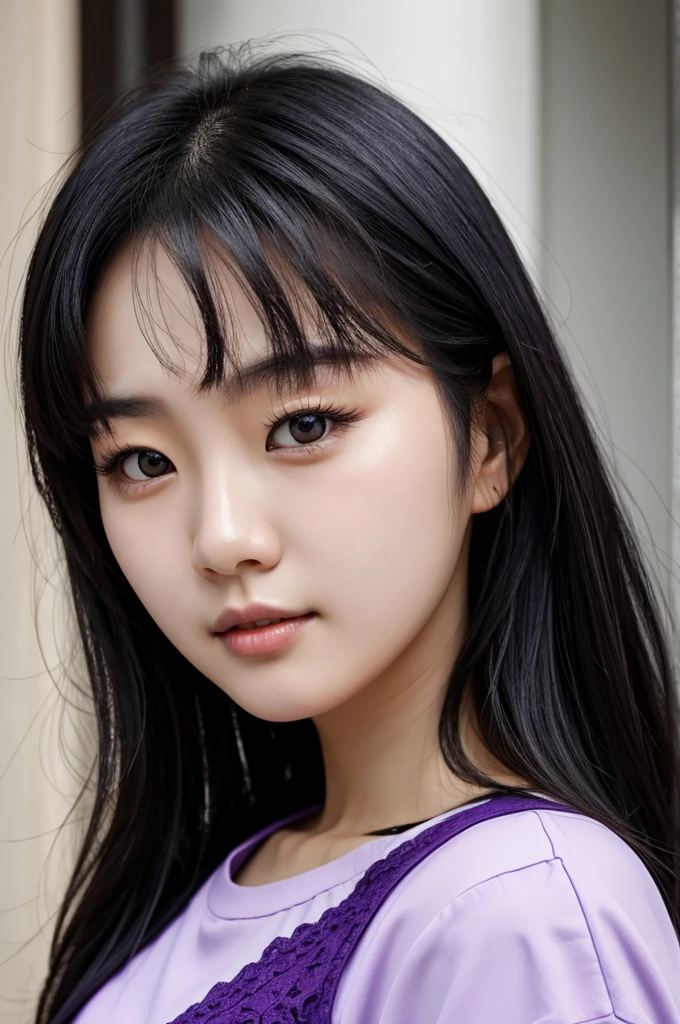 Korean girl with dark black hair and purple eyes 
