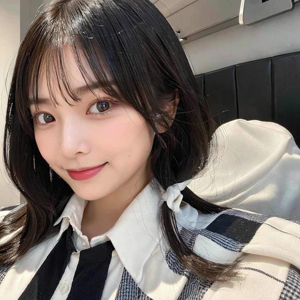 She has long, straight black hair with bangs that are straight and fall naturally.
Her face is oval-shaped with a well-balanced contour.
She has large, round dark-colored eyes that are very expressive.
Her nose is small and well-shaped.
She has a small mouth with naturally full lips, smiling warmly to give a friendly impression.
Her eyebrows are thin and neatly shaped.
She exudes a clean and approachable aura.
She is wearing a checkered dress with a white collar and a black ribbon.
She has a healthy and well-proportioned body.
The overall appearance should reflect a friendly, elegant, and aesthetically pleasing look.
white room