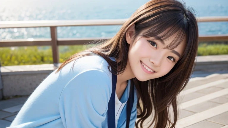Produce the highest quality and highest resolution 8K images。The model is a 20-year-old Japanese woman.。Draw the whole body of a woman。Please draw an image of a smiling person taking a commemorative photo at a tourist spot.。Please draw the whole body of the model。She has brown eyes and a model figure.、She has an idol-level cute face.。The hair is wavy。Skin has a healthy color。Clothes、I'm wearing early summer clothes。