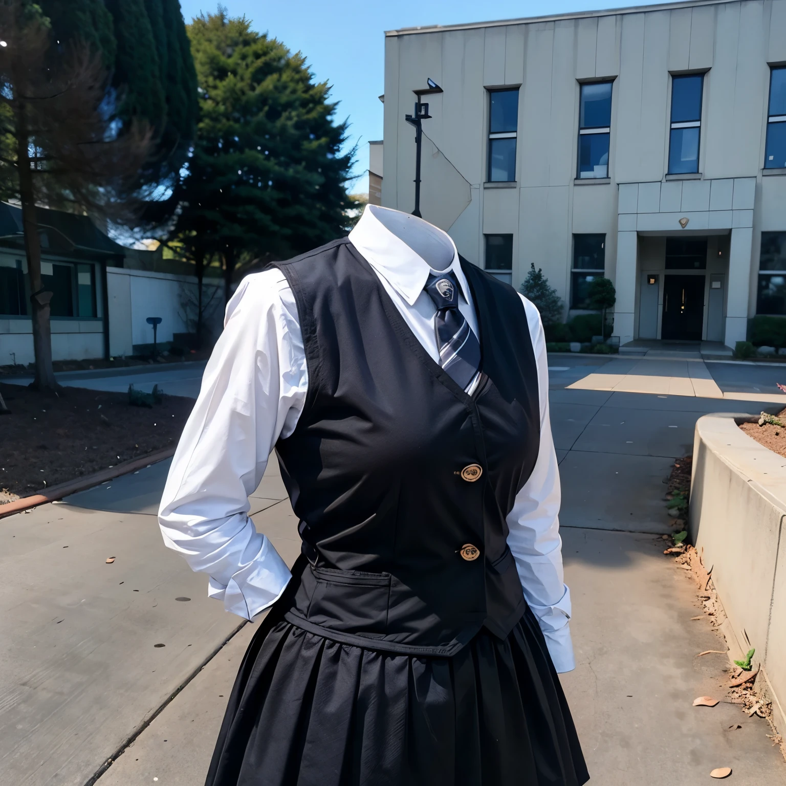 leaning forward, school vest, plaid skirt, stripe tie, fat, cute big breasts, (invisible, no human, headless, handless:1.5)