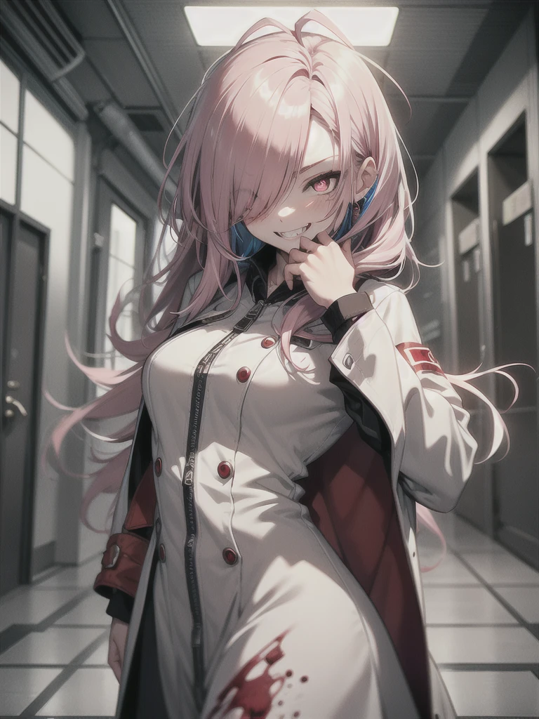 1girl, long hair, teeth, solo, blood on clothes, sharp teeth, red eyes, smile, looking at viewer, blood, hair between eyes, white hair, dress, pink hair, white dress, bangs, blood on hands, claws, messy hair, indoors, colored skin, grin, glowing, buttons, glowing eyes, blood on face, cowboy shot, fingernails, horror (theme), eyes visible through hair, parted lips, open mouth, standing, science fiction, very long hair, breasts, floating hair, blood in hair, crazy eyes, crazy smile, ringed eyes, ahoge, skirt, extra arms, white skin, evil smile, mechanical arms, pale skin, monster girl, white skirt, small breasts, long sleeves, blood stain, wooden floor, hand up, zipper, sharp fingernails, evil grin, hallway, extra eyes, shirt, hand on own face, monster, red theme, red skin, labcoat, tube, prosthesis, dutch angle, @_@, pleated skirt, eyelashes, oversized limbs, sidelocks, long fingernails, signature, blood splatter, hair over one eye, fang, door, blood on arm, red hair, fangs, pink eyes, prosthetic arm, medium breasts, blush, multicolored hair, mechanical parts, head tilt, antenna hair, artist name, slit pupils, window, upper body, light, symbol-shaped pupils, red pupils, white shirt, :d, short sleeves, clenched teeth, cable, red sclera, veins, train interior, zipper pull tab, jewelry, collared dress, colored eyelashes, double-breasted, pleated dress, albino, coat, from below, wide-eyed, fisheye, shaded face, ceiling, looking down, white coat, shadow, cyborg,