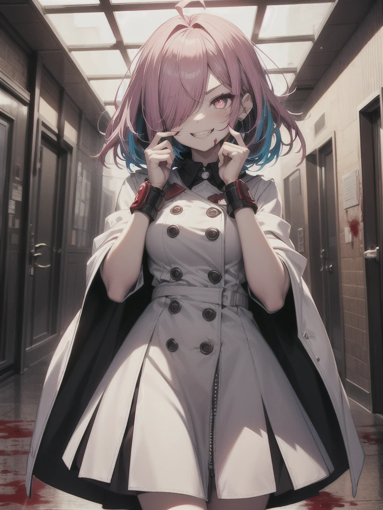 1girl, long hair, teeth, solo, blood on clothes, sharp teeth, red eyes, smile, looking at viewer, blood, hair between eyes, white hair, dress, pink hair, white dress, bangs, blood on hands, claws, messy hair, indoors, colored skin, grin, glowing, buttons, glowing eyes, blood on face, cowboy shot, fingernails, horror (theme), eyes visible through hair, parted lips, open mouth, standing, science fiction, very long hair, breasts, floating hair, blood in hair, crazy eyes, crazy smile, ringed eyes, ahoge, skirt, extra arms, white skin, evil smile, mechanical arms, pale skin, monster girl, white skirt, small breasts, long sleeves, blood stain, wooden floor, hand up, zipper, sharp fingernails, evil grin, hallway, extra eyes, shirt, hand on own face, monster, red theme, red skin, labcoat, tube, prosthesis, dutch angle, @_@, pleated skirt, eyelashes, oversized limbs, sidelocks, long fingernails, signature, blood splatter, hair over one eye, fang, door, blood on arm, red hair, fangs, pink eyes, prosthetic arm, medium breasts, blush, multicolored hair, mechanical parts, head tilt, antenna hair, artist name, slit pupils, window, upper body, light, symbol-shaped pupils, red pupils, white shirt, :d, short sleeves, clenched teeth, cable, red sclera, veins, train interior, zipper pull tab, jewelry, collared dress, colored eyelashes, double-breasted, pleated dress, albino, coat, from below, wide-eyed, fisheye, shaded face, ceiling, looking down, white coat, shadow, cyborg,