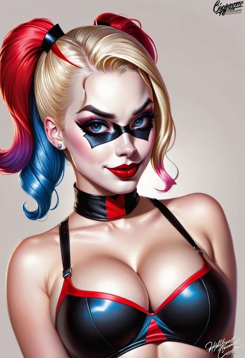 un dibujo of una mujer con un corsé y una máscara of gato, pin up art, portrait, of, Harley Quinn, comic pin up style, queen harley, artgerm Greg rutkowski _ Greg, inspired by Earle Bergey, pin up, Harley Quinn, dibujado al estilo of artgerm, graphic artist artgerm, Artgerm Style, pin up girl