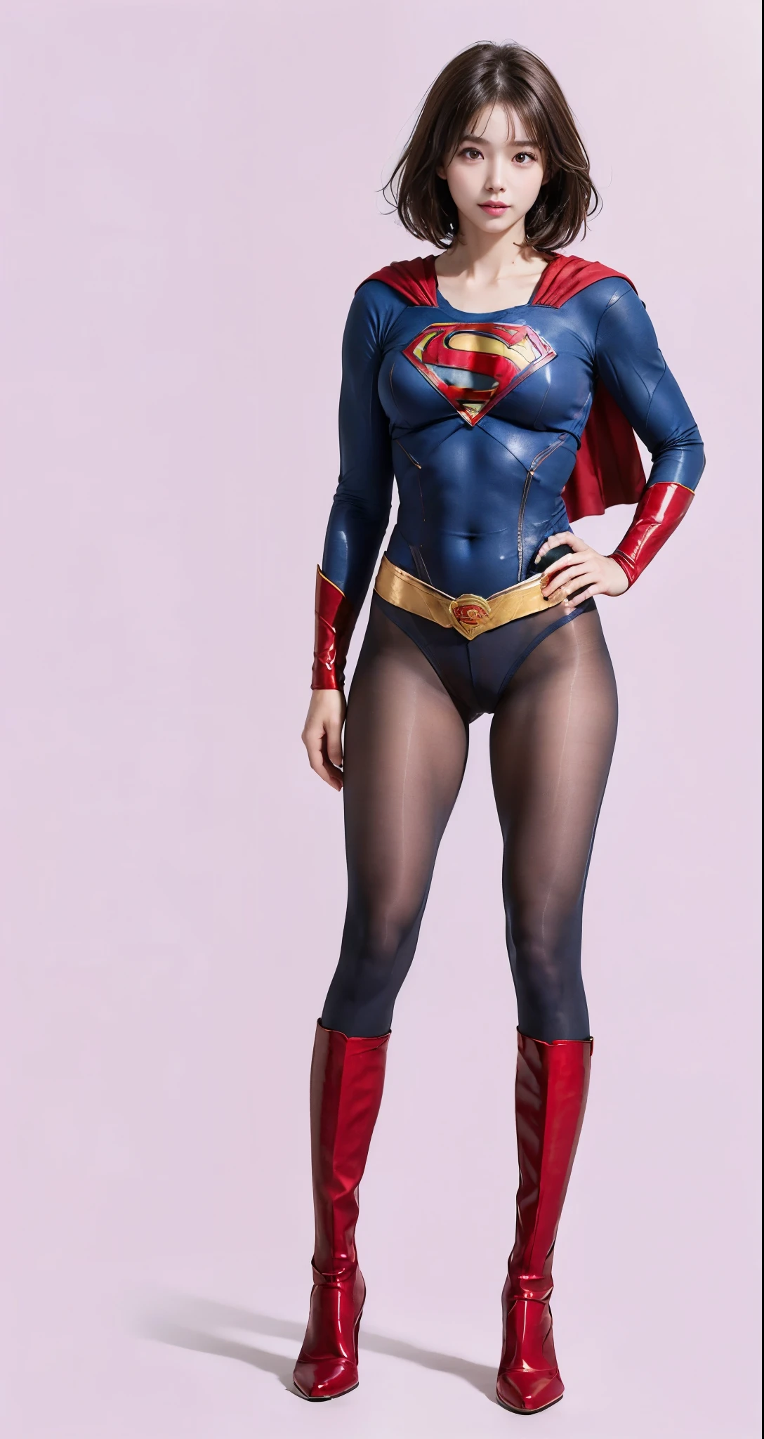 No background、(((Beautiful legs in black tights.)))、(((Legally express the beauty of your smile)))、((((Make the most of your original images)))、(((Supergirl Costume)))、(((Beautiful very short hair)))、(((suffering)))、(((Please wear black tights....、Wear red boots)))、((Best image quality、8K))、((Highest quality、8K、masterpiece:1.3))、(((Preserve background )))、Sharp focus:1.2、Beautiful woman with perfect figure:1.4、Slim Abs:1.2、Wet body:1.5、Highly detailed face and skin texture、8K