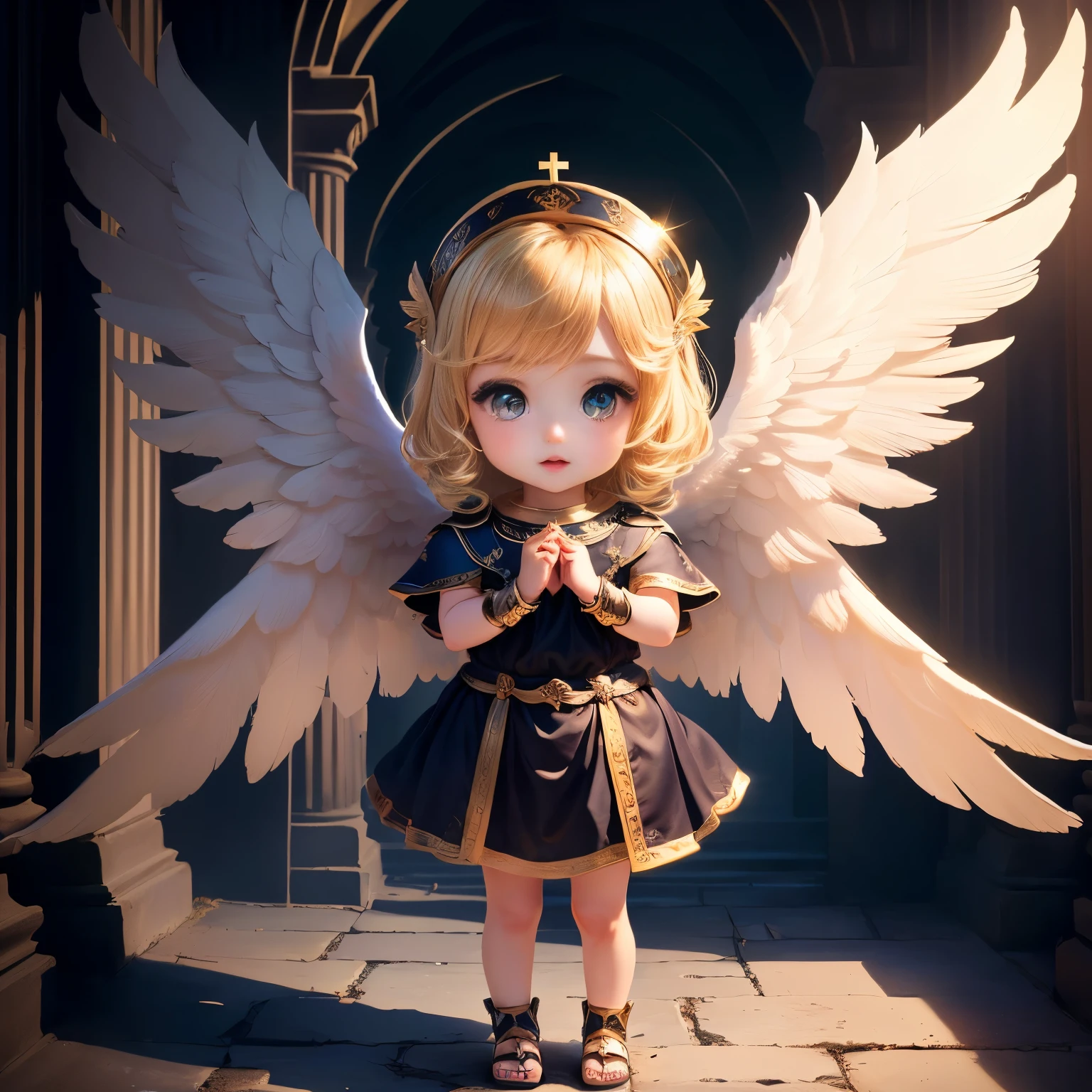 6 wings cute baby three years old standing full body European and American face happy blonde medieval square ancient Greek mythology seraph baby sacred light masterpiece、Top quality、Ultra Detailed、(Chibi Chara Angel:1.2)