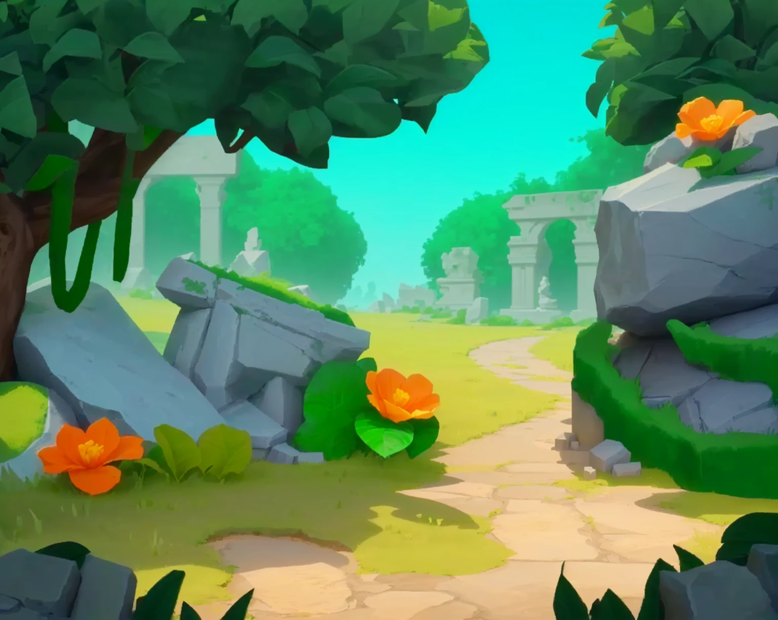 Game Architecture Design, Cartoon, Thick Volume, Stone Statue, Ruins, Vines, Jungle, Grass, Flowers, Trees, Leisure Game Style, 3D, Mixer, Masterpiece, Super Details, Best
