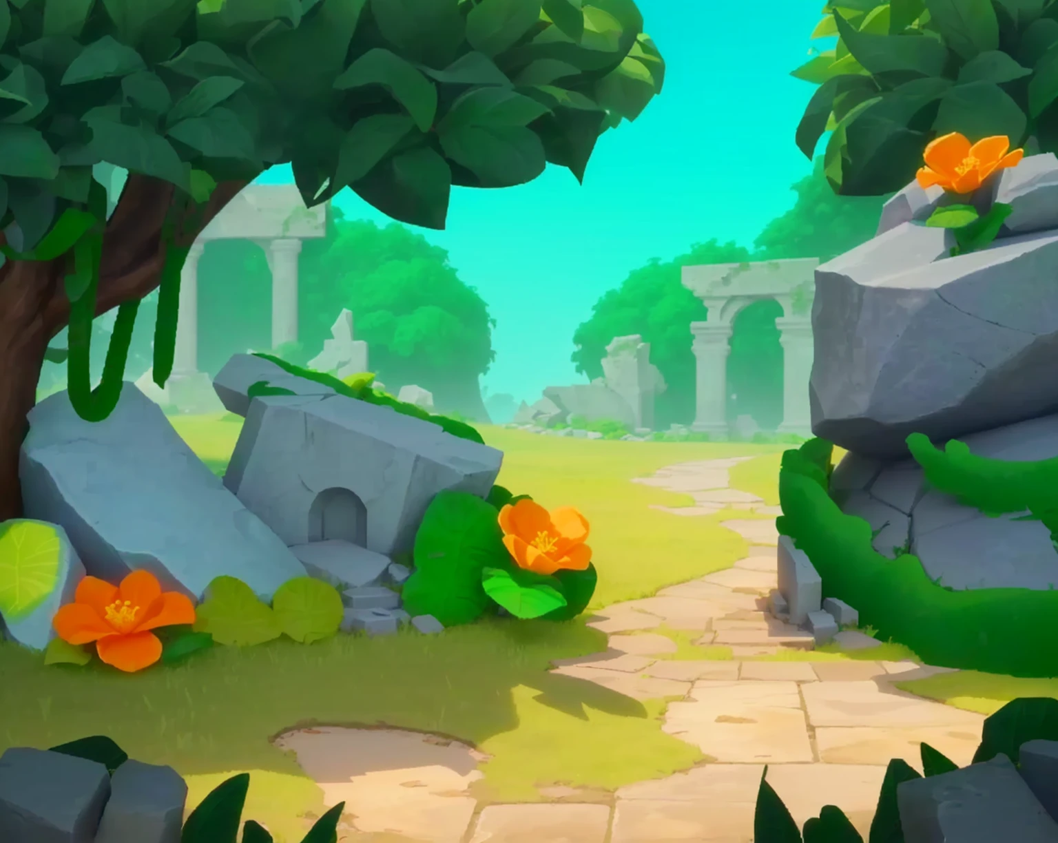 Game Architecture Design, Cartoon, Thick Volume, Stone Statue, Ruins, Vines, Jungle, Grass, Flowers, Trees, Leisure Game Style, 3D, Mixer, Masterpiece, Super Details, Best