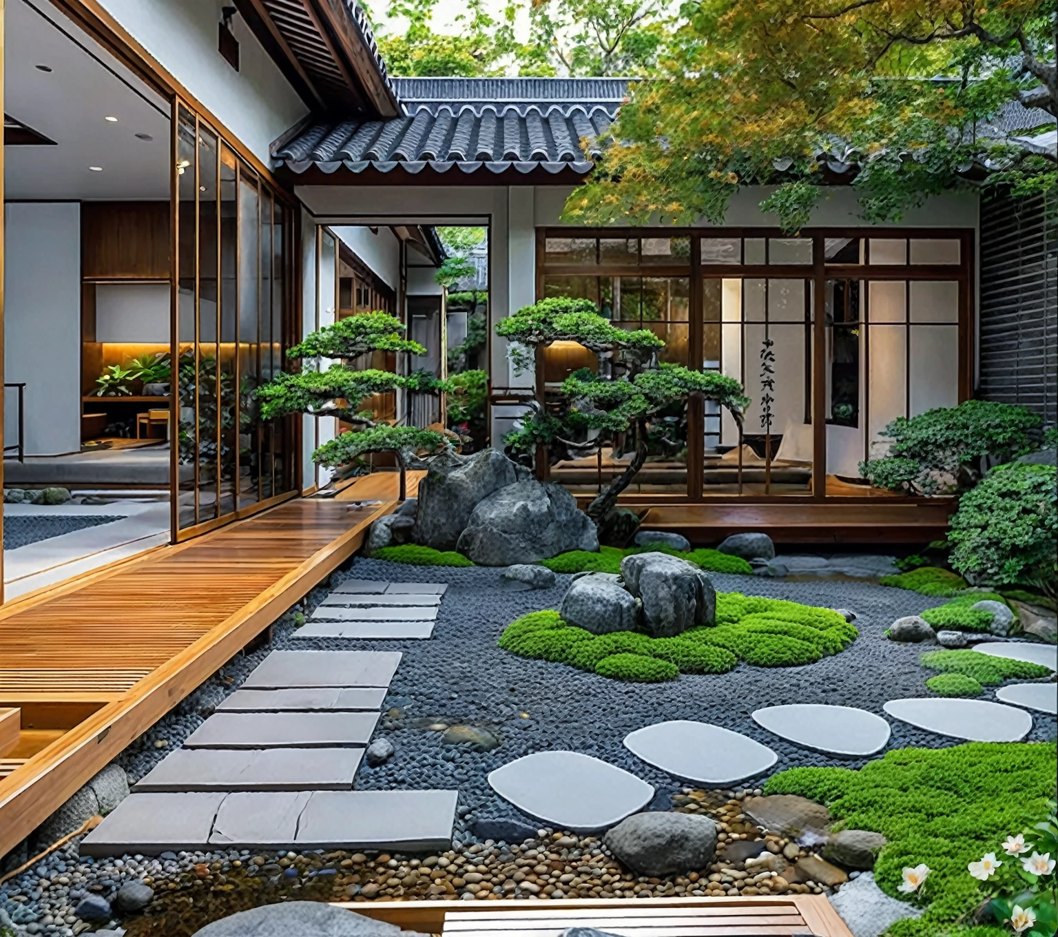 there is a small garden with a wooden bench and a stone path, zen garden, with a fishpond and courtyard, japanese house, soothing and cozy landscape, a wide open courtyard in an epic, beautiful aesthetic design, japanese garden, kyoto inspired, lush plants and bonsai trees, vivid and detailed, lush japanese landscape, with walkways, incredibly high detailed