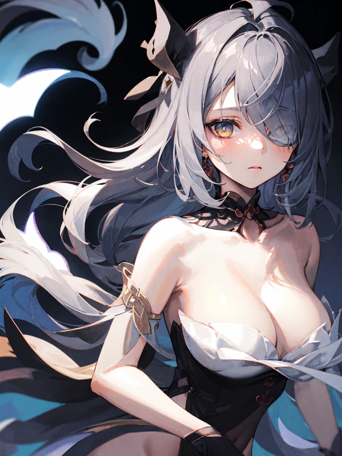 A girl, holding a black sickle decorated with Japanese symbols meaning death, a black flame coming out of the decoration, the edges of the sickle come out of it black winds with ghosts of skulls, (hair over one eye), (heterochromia), the best Judy for the face and sickle The girl is nude, (completely nude), large breasts, detailed collarbone, perfect collarbone, the girl's hair is black, the girl is the embodiment of the shinigami, (the background of the CG 8k module is very detailed) (best quality), (best illustration), (best shades), very detailed t --v6