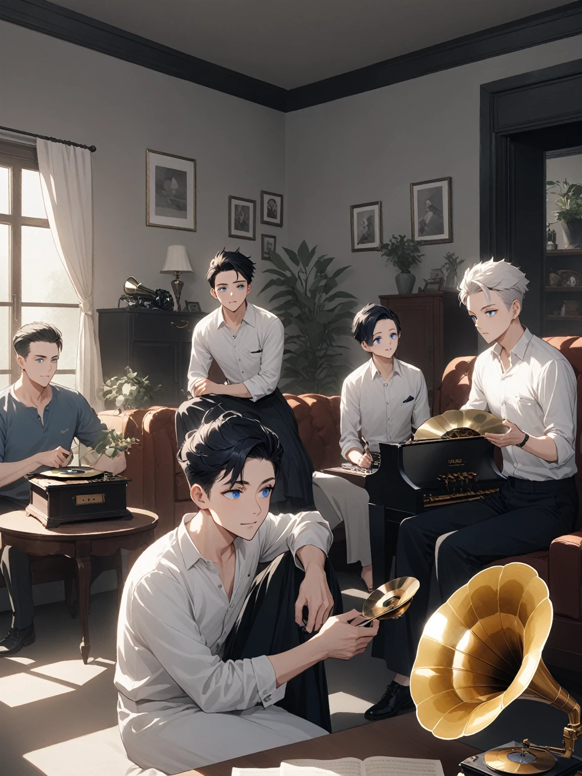 gramophone วินเทจ, simple living room , Quiff hairstyle, black short hair , old phonograph, gramophone，Listen to music，rest day ，The background is the house. , father and son, 3 men, （30 year old man：mature man，สวมใส่white dress，black hair, blue eyes），（2 year old boy：black dress,black hair,blue eyes），（2 year old boy：white dress,white hair,blue eyes）