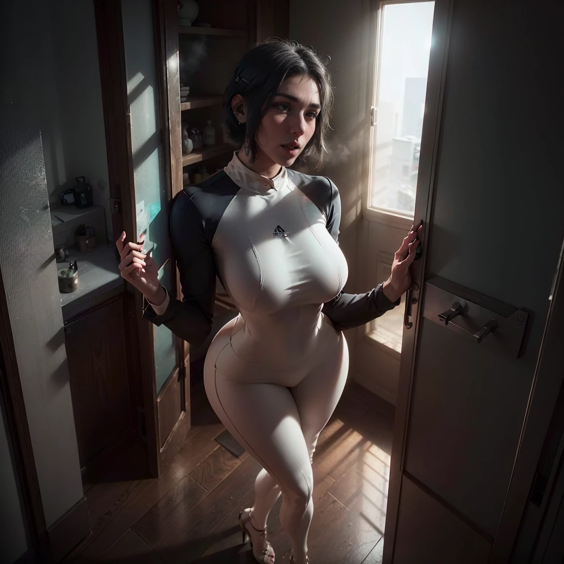 (best quality,4k,8k,highres,masterpiece:1.2),ultra-detailed,(realistic,photorealistic,photo-realistic:1.37,very close to viewer ,view from above,hands on own chest),(black hair, straight hair, short hair),oily skin, huge breasts(white jumpsuit, high heels),slender body,tattoos,sweaty,illustration,stark lighting,vivid colors,seductive face, open mouth, steamy, gym, standing in the doorway, black fingernailssoft lighting, lifelike texture, photorealistic, HDR, 8k, absurdres, cinestill 800, sharp focus