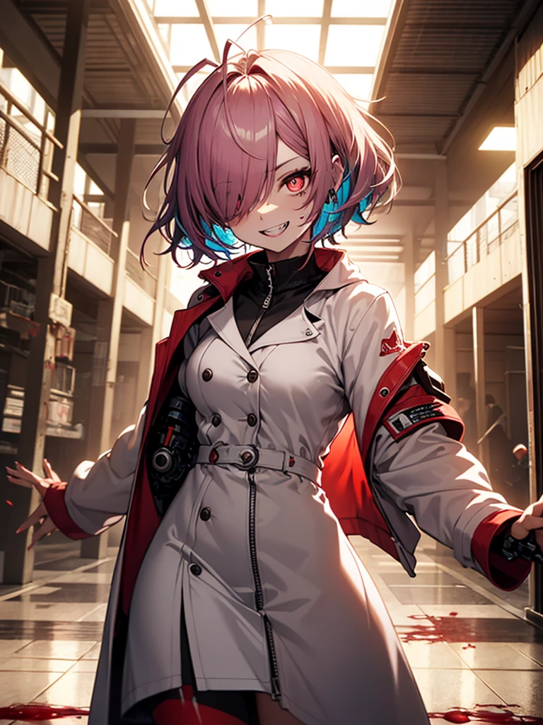 1girl, long hair, teeth, solo, blood on clothes, sharp teeth, red eyes, smile, looking at viewer, blood, hair between eyes, white hair, dress, pink hair, white dress, bangs, blood on hands, claws, messy hair, indoors, colored skin, grin, glowing, buttons, glowing eyes, blood on face, cowboy shot, fingernails, horror (theme), eyes visible through hair, parted lips, open mouth, standing, science fiction, very long hair, breasts, floating hair, blood in hair, crazy eyes, crazy smile, ringed eyes, ahoge, skirt, extra arms, white skin, evil smile, mechanical arms, pale skin, monster girl, white skirt, small breasts, long sleeves, blood stain, wooden floor, hand up, zipper, sharp fingernails, evil grin, hallway, extra eyes, shirt, hand on own face, monster, red theme, red skin, labcoat, tube, prosthesis, dutch angle, @_@, pleated skirt, eyelashes, oversized limbs, sidelocks, long fingernails, signature, blood splatter, hair over one eye, fang, door, blood on arm, red hair, fangs, pink eyes, prosthetic arm, medium breasts, blush, multicolored hair, mechanical parts, head tilt, antenna hair, artist name, slit pupils, window, upper body, light, symbol-shaped pupils, red pupils, white shirt, :d, short sleeves, clenched teeth, cable, red sclera, veins, train interior, zipper pull tab, jewelry, collared dress, colored eyelashes, double-breasted, pleated dress, albino, coat, from below, wide-eyed, fisheye, shaded face, ceiling, looking down, white coat, shadow, cyborg,