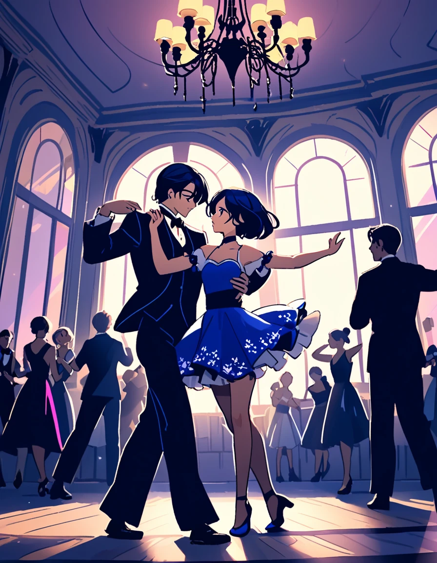 a man and woman dancing tango, art deco ballroom, 1920s, 1 man 1 woman, sexy tango dance pose, ballroom dancers, ornate art deco interior, detailed architectural features, chandelier, (best quality,4k,8k,highres,masterpiece:1.2),ultra-detailed,(realistic,photorealistic,photo-realistic:1.37),cinematic lighting, dramatic shadows, Outside the window is a balcony. a narrow french window with an arched top leads out to the balcony.,man facing forward, woman facing away from viewer, dancing the tango, woman is wearing a purple dress with slit, she has her right leg out to the side, (exposing her thigh:1.5), Outside is dark, small stars are shining in (the dark blue sky:1.3), (dimly lit room:1.2), and shadows are cast on the eye sockets, making it impossible to read their expressions, detailed facial features, beautiful dress, formal attire, natural lighting, warm color palette,
