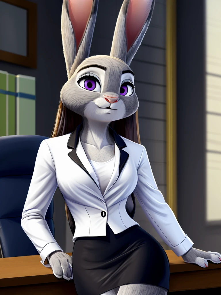 best quality,
masterpiece,
High quality
ultra-detailed
beautiful detailed,
hyper Realistic,
Portrait,
Looking at the audience,
detailed background,
background is an office,
(Face is JudyHopps:1.3),
((long straight hair)),
wispy bangs, bangs,
purple eyes,
(arched eyebrows:1.1),
(uplift eyebrows:1.1),
(rabbit ears:1.1),
office lady is wearing suit,
((White blouse)),
((Black blazer jacket)),
((Black skirt)),
clothes made of cotton,
(body is gray felt:1.3),
human hands,
(solo:1.5),
(1 lady:1.5),
one character only
alone,
Perfect Anatomy