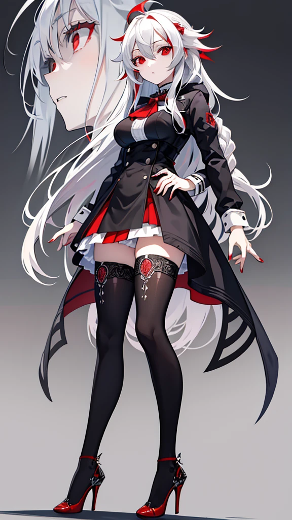 masterpiece,(bestquality),highlydetailed,ultra-detailed, cold , 1girl , bishoujo , stare , (red eyes:1.5) , (beautiful detailed eyes:1.2) , (long hair:1.2) , (white hair:silver_hair:0.5) , (Wing-like bangs:ahoge:0.8) , (Dull hair:ahoge:0.8) , (Hair rings:0.8) , (braid:0.8) , (grey background) , (high heels:1.2) , standing , (thighhighs:1.2)