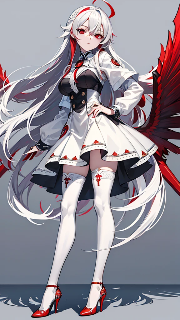 masterpiece,(bestquality),highlydetailed,ultra-detailed,  cold , 1girl , bishoujo , stare , (red eyes:1.5) , (beautiful detailed eyes:1.2) , (long hair:1.2) , (white hair:silver_hair:0.5) , (Wing-like bangs:ahoge:0.8) , (Dull hair:ahoge:0.8) , (Hair rings:0.8) , (braid:0.8) , (grey background) , (high heels:1.2) , standing , (thighhighs:1.2)