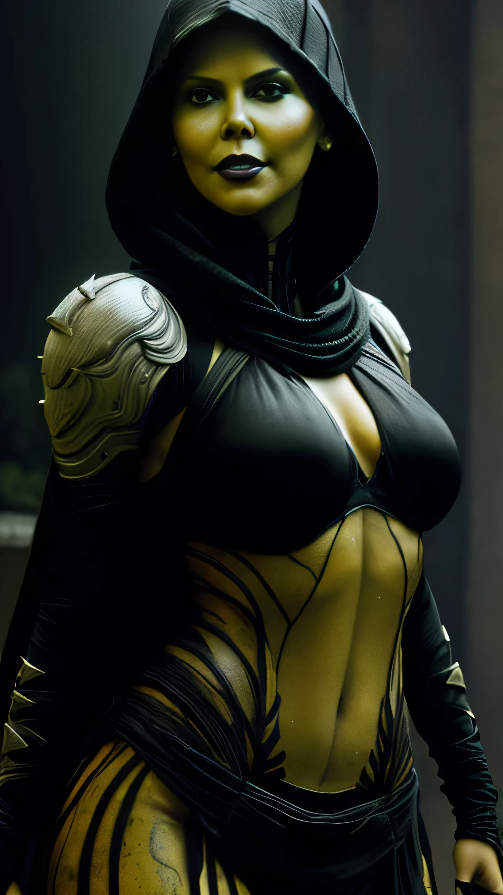 (Charlize Theron) as Dvorah from Mortal Kombat, black eyes, black lips, black sclera, arthropod girl, facial mark, yellow skin, hood up, armor, tight, navel, teeth, ovipositors, bug wings, 1woman, solo, full body view, front view, looking at viewer, intricate, high detail, sharp focus, dramatic, photorealistic painting art by greg rutkowski