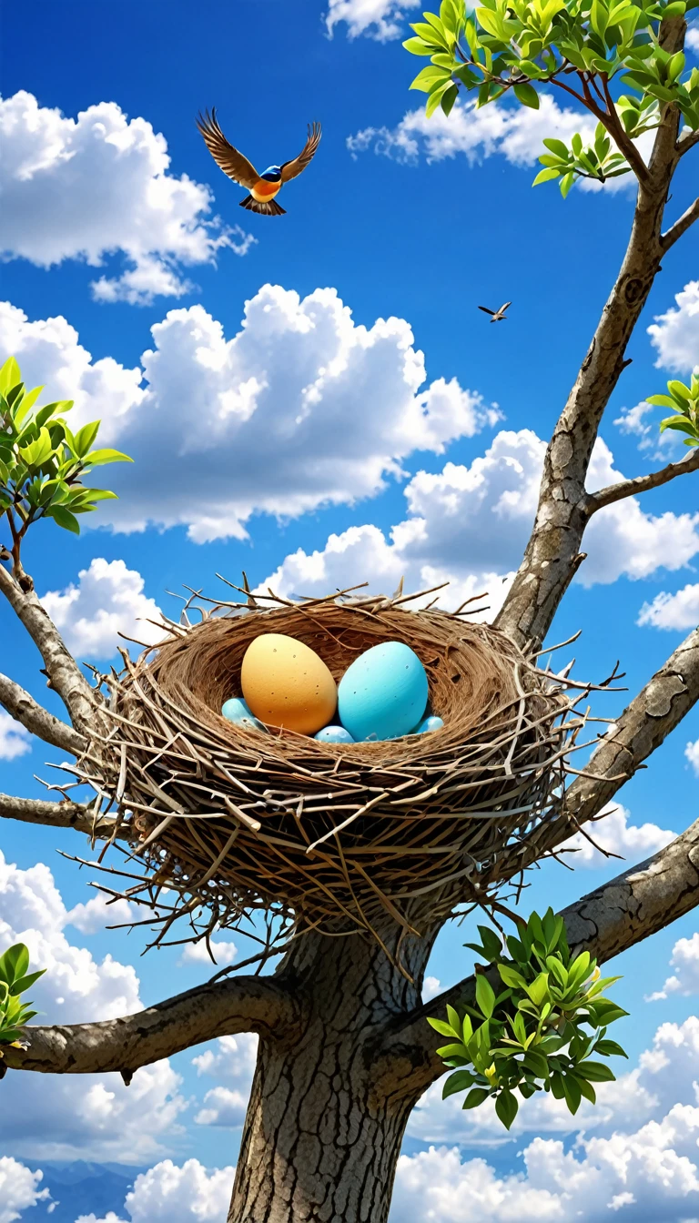 A bird making our nest on a long and beautiful tree, blue colour, clouds wallpaper, HD 3D image, bright colours, white clouds, wallpaper, masterpiece, 2 eggs in the nest , 1 baby chaild bird in nest , full details, realistic image, 8k quality, wallpapers, HD 3D image, bright colours, anything realistic 