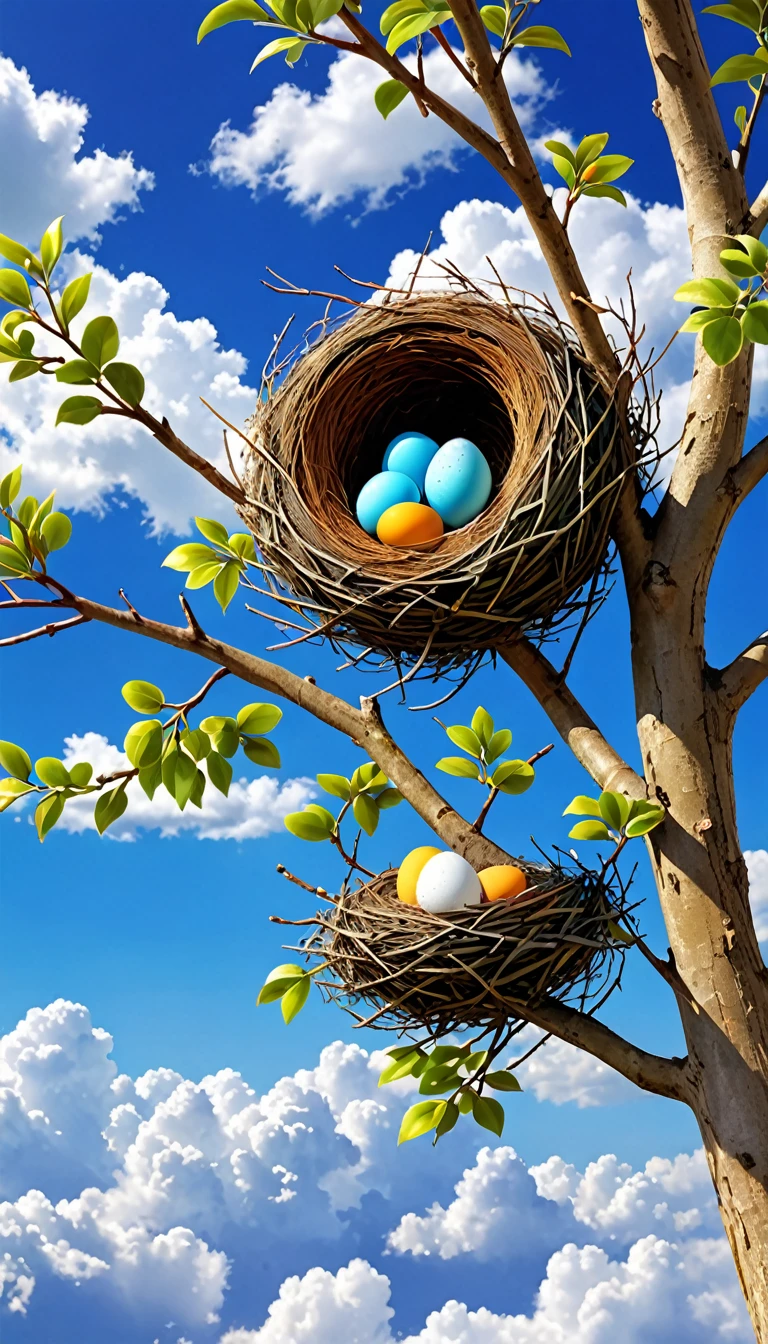 A bird making our nest on a long and beautiful tree, blue colour, clouds wallpaper, HD 3D image, bright colours, white clouds, wallpaper, masterpiece, 2 eggs in the nest , 1 baby chaild bird in nest , full details, realistic image, 8k quality, wallpapers, HD 3D image, bright colours, anything realistic