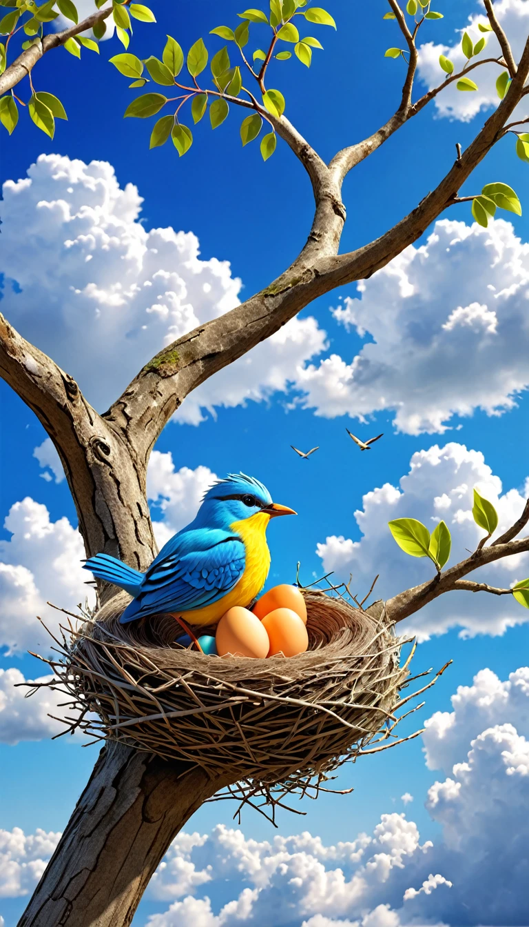 A bird making our nest on a long and beautiful tree, blue colour, clouds wallpaper, HD 3D image, bright colours, white clouds, wallpaper, masterpiece, 2 eggs in the nest , 1 baby chaild bird in nest , full details, realistic image, 8k quality, wallpapers, HD 3D image, bright colours, anything realistic