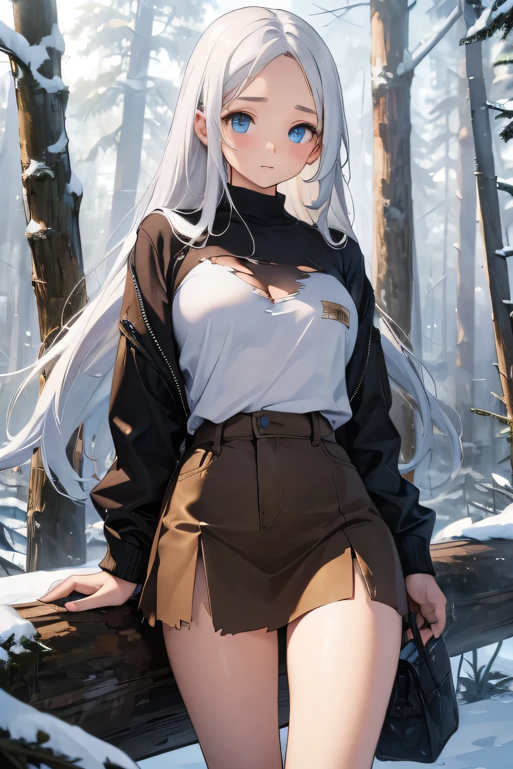 1 girl, single girl, cute, long white hair, light blue eyes, big breasts, big hips, torn brown cloth covering her chest, short brown torn cloth covering her crotch, torn and torn clothes, in a snowy forest, snow