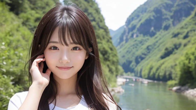 Produce the highest quality and highest resolution 8K images。The model is a 20-year-old Japanese woman.。Draw the whole body of a woman。Please draw an image of a smiling person taking a commemorative photo at a tourist spot.。Please draw the whole body of the model。She has brown eyes and a model figure.、She has an idol-level cute face.。The hair is wavy。Skin has a healthy color。Clothes、I&#39;m wearing early summer clothes。