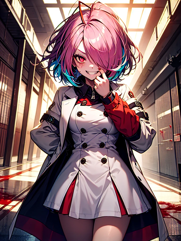 1girl, long hair, teeth, solo, blood on clothes, sharp teeth, red eyes, smile, looking at viewer, blood, hair between eyes, white hair, dress, pink hair, white dress, bangs, blood on hands, claws, messy hair, indoors, colored skin, grin, glowing, buttons, glowing eyes, blood on face, cowboy shot, fingernails, horror (theme), eyes visible through hair, parted lips, open mouth, standing, science fiction, very long hair, breasts, floating hair, blood in hair, crazy eyes, crazy smile, ringed eyes, ahoge, skirt, extra arms, white skin, evil smile, mechanical arms, pale skin, monster girl, white skirt, small breasts, long sleeves, blood stain, wooden floor, hand up, zipper, sharp fingernails, evil grin, hallway, extra eyes, shirt, hand on own face, monster, red theme, red skin, labcoat, tube, prosthesis, dutch angle, @_@, pleated skirt, eyelashes, oversized limbs, sidelocks, long fingernails, signature, blood splatter, hair over one eye, fang, door, blood on arm, red hair, fangs, pink eyes, prosthetic arm, medium breasts, blush, multicolored hair, mechanical parts, head tilt, antenna hair, artist name, slit pupils, window, upper body, light, symbol-shaped pupils, red pupils, white shirt, :d, short sleeves, clenched teeth, cable, red sclera, veins, train interior, zipper pull tab, jewelry, collared dress, colored eyelashes, double-breasted, pleated dress, albino, coat, from below, wide-eyed, fisheye, shaded face, ceiling, looking down, white coat, shadow, cyborg,
