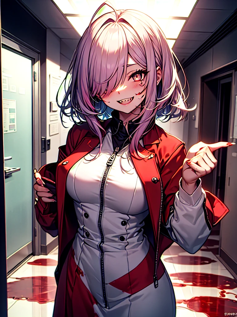 1girl, long hair, teeth, solo, blood on clothes, sharp teeth, red eyes, smile, looking at viewer, blood, hair between eyes, white hair, dress, pink hair, white dress, bangs, blood on hands, claws, messy hair, indoors, colored skin, grin, glowing, buttons, glowing eyes, blood on face, cowboy shot, fingernails, horror (theme), eyes visible through hair, parted lips, open mouth, standing, science fiction, very long hair, breasts, floating hair, blood in hair, crazy eyes, crazy smile, ringed eyes, ahoge, skirt, extra arms, white skin, evil smile, mechanical arms, pale skin, monster girl, white skirt, small breasts, long sleeves, blood stain, wooden floor, hand up, zipper, sharp fingernails, evil grin, hallway, extra eyes, shirt, hand on own face, monster, red theme, red skin, labcoat, tube, prosthesis, dutch angle, @_@, pleated skirt, eyelashes, oversized limbs, sidelocks, long fingernails, signature, blood splatter, hair over one eye, fang, door, blood on arm, red hair, fangs, pink eyes, prosthetic arm, medium breasts, blush, multicolored hair, mechanical parts, head tilt, antenna hair, artist name, slit pupils, window, upper body, light, symbol-shaped pupils, red pupils, white shirt, :d, short sleeves, clenched teeth, cable, red sclera, veins, train interior, zipper pull tab, jewelry, collared dress, colored eyelashes, double-breasted, pleated dress, albino, coat, from below, wide-eyed, fisheye, shaded face, ceiling, looking down, white coat, shadow, cyborg,