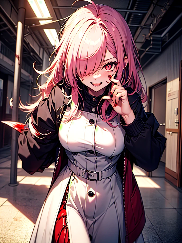 1girl, long hair, teeth, solo, blood on clothes, sharp teeth, red eyes, smile, looking at viewer, blood, hair between eyes, white hair, dress, pink hair, white dress, bangs, blood on hands, claws, messy hair, indoors, colored skin, grin, glowing, buttons, glowing eyes, blood on face, cowboy shot, fingernails, horror (theme), eyes visible through hair, parted lips, open mouth, standing, science fiction, very long hair, breasts, floating hair, blood in hair, crazy eyes, crazy smile, ringed eyes, ahoge, skirt, extra arms, white skin, evil smile, mechanical arms, pale skin, monster girl, white skirt, small breasts, long sleeves, blood stain, wooden floor, hand up, zipper, sharp fingernails, evil grin, hallway, extra eyes, shirt, hand on own face, monster, red theme, red skin, labcoat, tube, prosthesis, dutch angle, @_@, pleated skirt, eyelashes, oversized limbs, sidelocks, long fingernails, signature, blood splatter, hair over one eye, fang, door, blood on arm, red hair, fangs, pink eyes, prosthetic arm, medium breasts, blush, multicolored hair, mechanical parts, head tilt, antenna hair, artist name, slit pupils, window, upper body, light, symbol-shaped pupils, red pupils, white shirt, :d, short sleeves, clenched teeth, cable, red sclera, veins, train interior, zipper pull tab, jewelry, collared dress, colored eyelashes, double-breasted, pleated dress, albino, coat, from below, wide-eyed, fisheye, shaded face, ceiling, looking down, white coat, shadow, cyborg,
