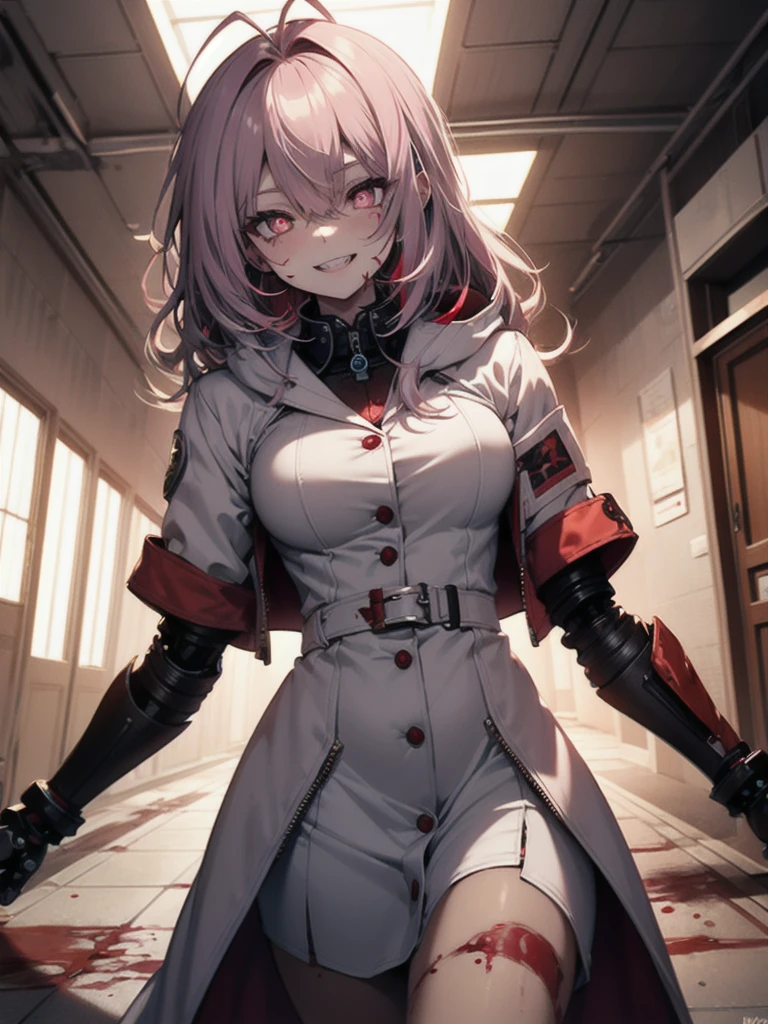 1girl, long hair, teeth, solo, blood on clothes, sharp teeth, red eyes, smile, looking at viewer, blood, hair between eyes, white hair, dress, pink hair, white dress, bangs, blood on hands, claws, messy hair, indoors, colored skin, grin, glowing, buttons, glowing eyes, blood on face, cowboy shot, fingernails, horror (theme), eyes visible through hair, parted lips, open mouth, standing, science fiction, very long hair, breasts, floating hair, blood in hair, crazy eyes, crazy smile, ringed eyes, ahoge, skirt, extra arms, white skin, evil smile, mechanical arms, pale skin, monster girl, white skirt, small breasts, long sleeves, blood stain, wooden floor, hand up, zipper, sharp fingernails, evil grin, hallway, extra eyes, shirt, hand on own face, monster, red theme, red skin, labcoat, tube, prosthesis, dutch angle, @_@, pleated skirt, eyelashes, oversized limbs, sidelocks, long fingernails, signature, blood splatter, hair over one eye, fang, door, blood on arm, red hair, fangs, pink eyes, prosthetic arm, medium breasts, blush, multicolored hair, mechanical parts, head tilt, antenna hair, artist name, slit pupils, window, upper body, light, symbol-shaped pupils, red pupils, white shirt, :d, short sleeves, clenched teeth, cable, red sclera, veins, train interior, zipper pull tab, jewelry, collared dress, colored eyelashes, double-breasted, pleated dress, albino, coat, from below, wide-eyed, fisheye, shaded face, ceiling, looking down, white coat, shadow, cyborg,