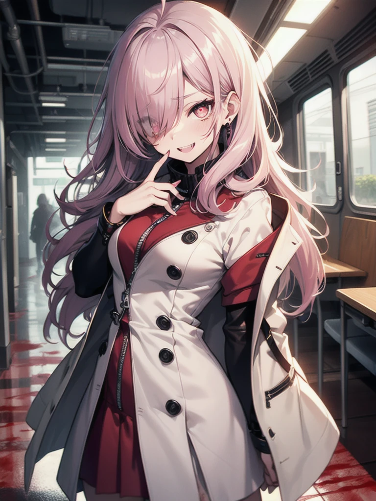 1girl, long hair, teeth, solo, blood on clothes, sharp teeth, red eyes, smile, looking at viewer, blood, hair between eyes, white hair, dress, pink hair, white dress, bangs, blood on hands, claws, messy hair, indoors, colored skin, grin, glowing, buttons, glowing eyes, blood on face, cowboy shot, fingernails, horror (theme), eyes visible through hair, parted lips, open mouth, standing, science fiction, very long hair, breasts, floating hair, blood in hair, crazy eyes, crazy smile, ringed eyes, ahoge, skirt, extra arms, white skin, evil smile, mechanical arms, pale skin, monster girl, white skirt, small breasts, long sleeves, blood stain, wooden floor, hand up, zipper, sharp fingernails, evil grin, hallway, extra eyes, shirt, hand on own face, monster, red theme, red skin, labcoat, tube, prosthesis, dutch angle, @_@, pleated skirt, eyelashes, oversized limbs, sidelocks, long fingernails, signature, blood splatter, hair over one eye, fang, door, blood on arm, red hair, fangs, pink eyes, prosthetic arm, medium breasts, blush, multicolored hair, mechanical parts, head tilt, antenna hair, artist name, slit pupils, window, upper body, light, symbol-shaped pupils, red pupils, white shirt, :d, short sleeves, clenched teeth, cable, red sclera, veins, train interior, zipper pull tab, jewelry, collared dress, colored eyelashes, double-breasted, pleated dress, albino, coat, from below, wide-eyed, fisheye, shaded face, ceiling, looking down, white coat, shadow, cyborg,