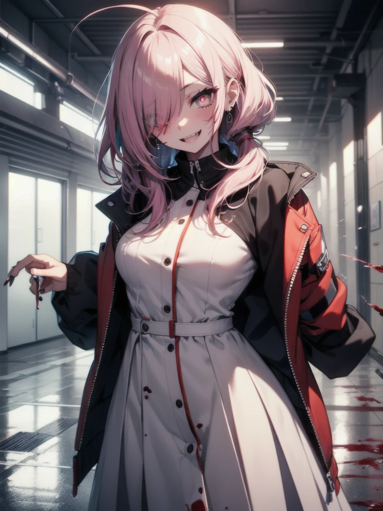 1girl, long hair, teeth, solo, blood on clothes, sharp teeth, red eyes, smile, looking at viewer, blood, hair between eyes, white hair, dress, pink hair, white dress, bangs, blood on hands, claws, messy hair, indoors, colored skin, grin, glowing, buttons, glowing eyes, blood on face, cowboy shot, fingernails, horror (theme), eyes visible through hair, parted lips, open mouth, standing, science fiction, very long hair, breasts, floating hair, blood in hair, crazy eyes, crazy smile, ringed eyes, ahoge, skirt, extra arms, white skin, evil smile, mechanical arms, pale skin, monster girl, white skirt, small breasts, long sleeves, blood stain, wooden floor, hand up, zipper, sharp fingernails, evil grin, hallway, extra eyes, shirt, hand on own face, monster, red theme, red skin, labcoat, tube, prosthesis, dutch angle, @_@, pleated skirt, eyelashes, oversized limbs, sidelocks, long fingernails, signature, blood splatter, hair over one eye, fang, door, blood on arm, red hair, fangs, pink eyes, prosthetic arm, medium breasts, blush, multicolored hair, mechanical parts, head tilt, antenna hair, artist name, slit pupils, window, upper body, light, symbol-shaped pupils, red pupils, white shirt, :d, short sleeves, clenched teeth, cable, red sclera, veins, train interior, zipper pull tab, jewelry, collared dress, colored eyelashes, double-breasted, pleated dress, albino, coat, from below, wide-eyed, fisheye, shaded face, ceiling, looking down, white coat, shadow, cyborg,
