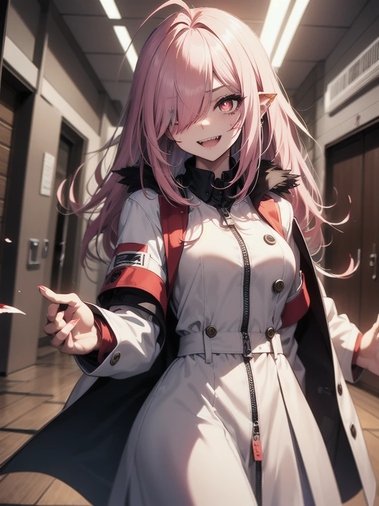 1girl, long hair, teeth, solo, blood on clothes, sharp teeth, red eyes, smile, looking at viewer, blood, hair between eyes, white hair, dress, pink hair, white dress, bangs, blood on hands, claws, messy hair, indoors, colored skin, grin, glowing, buttons, glowing eyes, blood on face, cowboy shot, fingernails, horror (theme), eyes visible through hair, parted lips, open mouth, standing, science fiction, very long hair, breasts, floating hair, blood in hair, crazy eyes, crazy smile, ringed eyes, ahoge, skirt, extra arms, white skin, evil smile, mechanical arms, pale skin, monster girl, white skirt, small breasts, long sleeves, blood stain, wooden floor, hand up, zipper, sharp fingernails, evil grin, hallway, extra eyes, shirt, hand on own face, monster, red theme, red skin, labcoat, tube, prosthesis, dutch angle, @_@, pleated skirt, eyelashes, oversized limbs, sidelocks, long fingernails, signature, blood splatter, hair over one eye, fang, door, blood on arm, red hair, fangs, pink eyes, prosthetic arm, medium breasts, blush, multicolored hair, mechanical parts, head tilt, antenna hair, artist name, slit pupils, window, upper body, light, symbol-shaped pupils, red pupils, white shirt, :d, short sleeves, clenched teeth, cable, red sclera, veins, train interior, zipper pull tab, jewelry, collared dress, colored eyelashes, double-breasted, pleated dress, albino, coat, from below, wide-eyed, fisheye, shaded face, ceiling, looking down, white coat, shadow, cyborg,