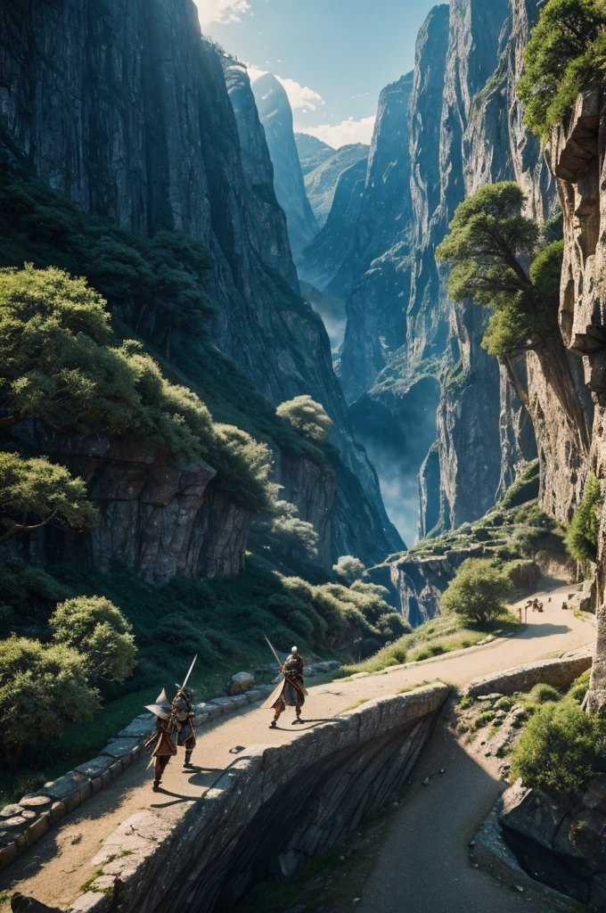 Create a fight scene between two knights and in the background is a breathtaking gorge