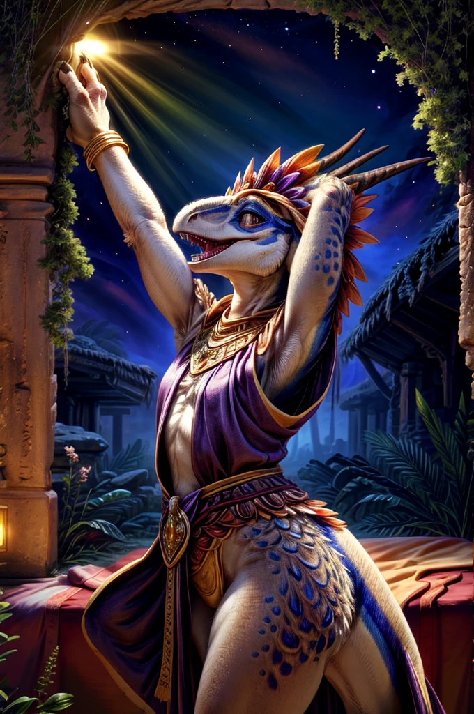 ultra realistic, masterpiece, [wild nature|fashion] Photoграфия,
Side view, a bit higher,
(cute female Rainbow raptor Scales), young, difficult detailed scales, shiny iridescent scales, thick thighs, slender body, flat chest, Visualized eyes, (horns),
thorns, big eyes, short tail, (tuft feathers), (Feathered headdress), predator head, (Kobold:0.4), A perfect hips, [Harpy Eagle],
((warlock outfit, Mystical or dark robes with otherworldly symbols.)),
a gold bracelet, a gold bracelet, Gold necklace, difficult gold,
uploaded to e621, (by Hasui Kawase:0.5), Barbara Takenaga, (by DarkGem:0.5), by Affandi, Beatrice Ethel Litibi, от Catcouch,
Snuggled in the folds of a plush blanket., eyes carefully closed, paws tucked under thin chin, Movement Pose,
[[Vixy, ]],
smart girl, reptile, Scales, sharp teeth, velociraptor,
the MPSON, Optimistic, seductive, (open mouth:1.5),
(spread your legs:0.6),
Late evening, Early night,
(Sandy desert, Vast dunes, stretching to the horizon, scorching sun overhead, Oases, bringing relief, mysterious ruins, buried in the sands),
shiny dew drops, Delicate drops of dew, clinging to leaves and petals., Shadow heraldic banners, Banners with heraldic symbols, sea glass collection, sparkling with different colors under the sun, Chameleon walls, changing color, The walls are equipped with chameleon technology, which changes color and texture depending on environmental conditions., creating a dynamic and responsive environment,
detailed, realistic, 8k contract, high quality, high quality Photoграфия, 3-point lighting, Flash with softbox, 4K, Canon EOS P3, HDR, smooth, sharp focus, A high resolution, Photo, award winning, 80 mm, F2.8, hips, cinematic composition, Cinematic lighting, highly detailed, masterpiece, Best quality, realistic, (difficult:0.9), (high detail:1.4), film Photoграфия, sharp focus,