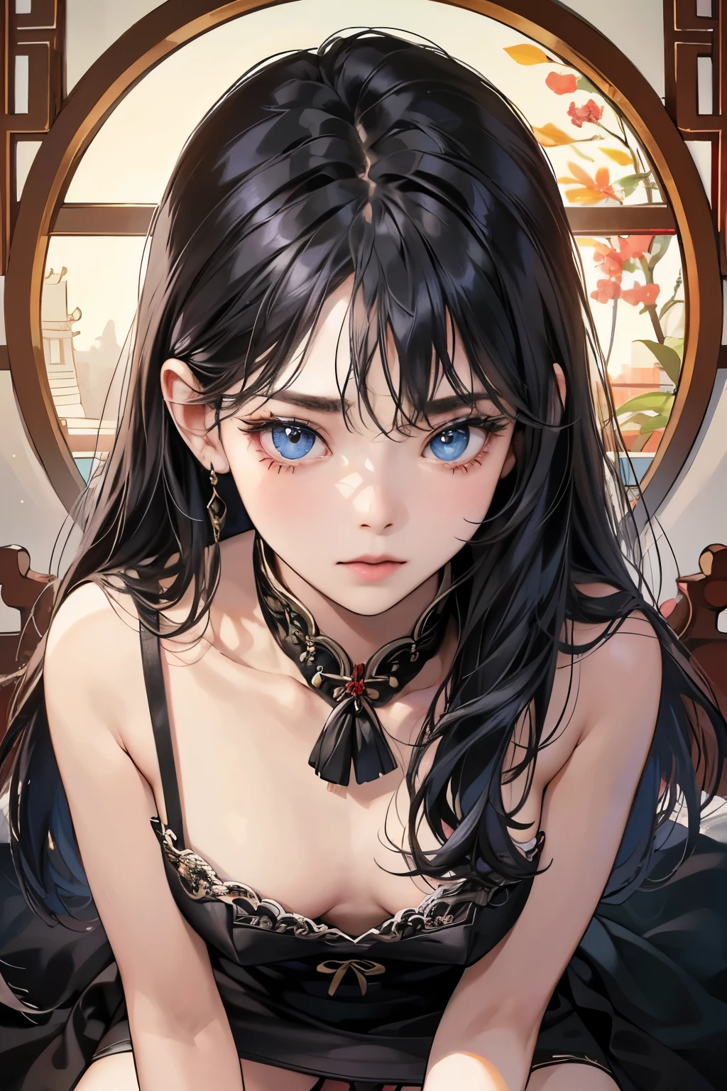 (Tabletop, Digital Art, Digital Illustration, 4K, 8K, Very detailed, Beautiful images, Clear images, Realistic, RAW Photos, Perfect Face, Perfect Lines, Perfect Eyes, Big eyes、Soft lighting) ,masterpiece, best quality, 1 girl, 独奏, small breasts, black chinesedress, dark blue eyes, long hair , crossed bangs, black hair, looking at viewer, shy, (panty pull:1.3), sitting, (Beijing:1.2)