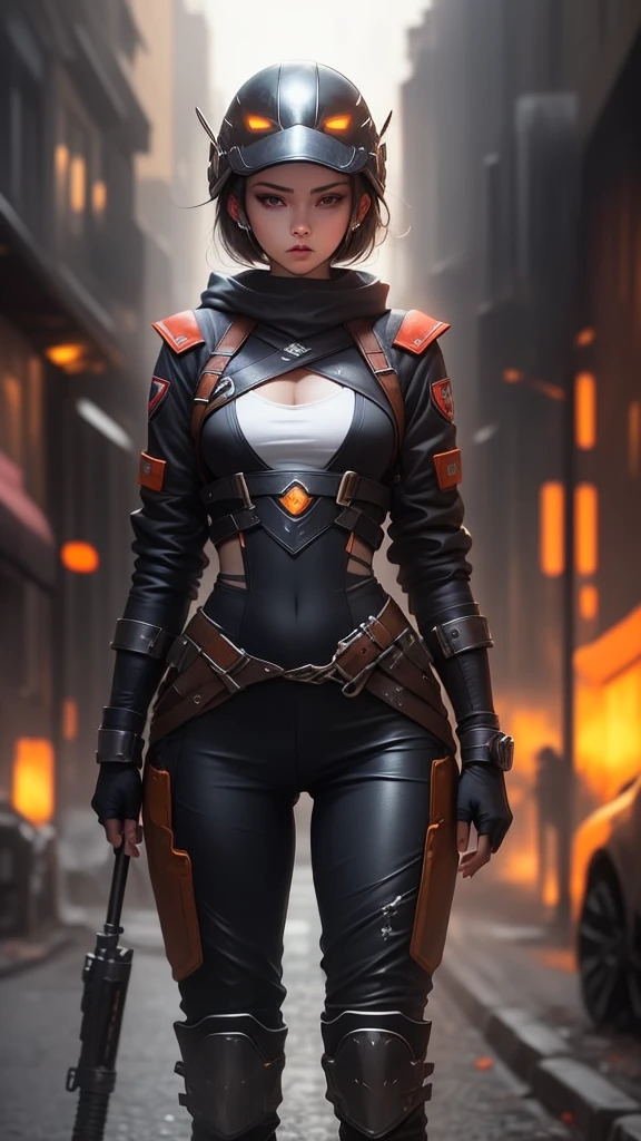 A warrior woman with a cyberpunk costume, with lights on the skin and top, (CG unity 32k engine), Wearing helmet and mask closed  full head, and armor showing parts of his body, blurred destroyed city background 