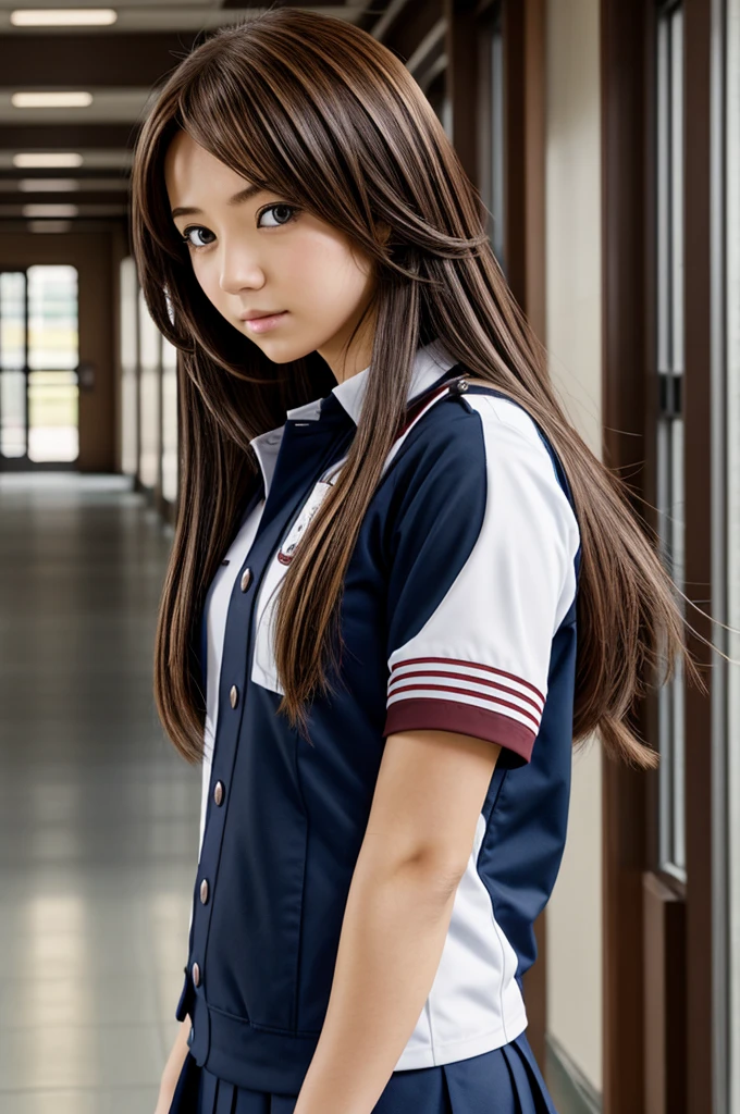 Boku no hero anime style, woman of medium build, with long hair, chestnut with some navy blue highlights, dressed in the UA uniform in one of the school hallways
