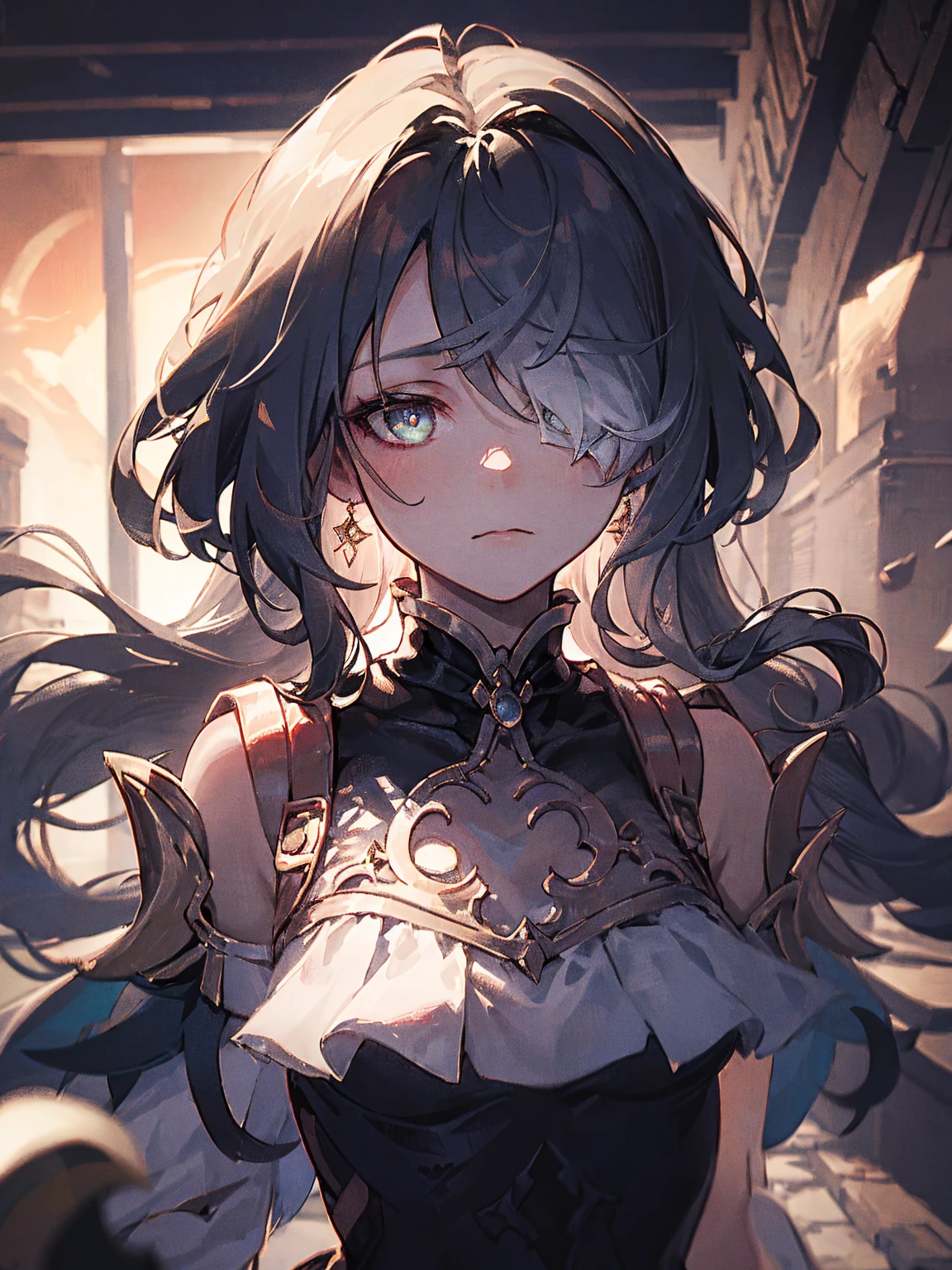 (Absurdres, Intricate Details, Masterpiece, Best Quality, High Resolution, 8k), 1 girl, thin, young, aged up, masked, finely detailed eyes and face, auburn low-fade hair, amber eyes, portrait,  looking at viewer, solo, half shot, detailed background, (light fantasy theme:1.1),  focusing, mercenary,  sunshine, floating scraps, (hair over one eye), (heterochromia), detailed collarbone, perfect collarbone, divine aura, bright realistic lighting, marble castle, intense atmosphere, circlet,  , Depth of Field, VFX