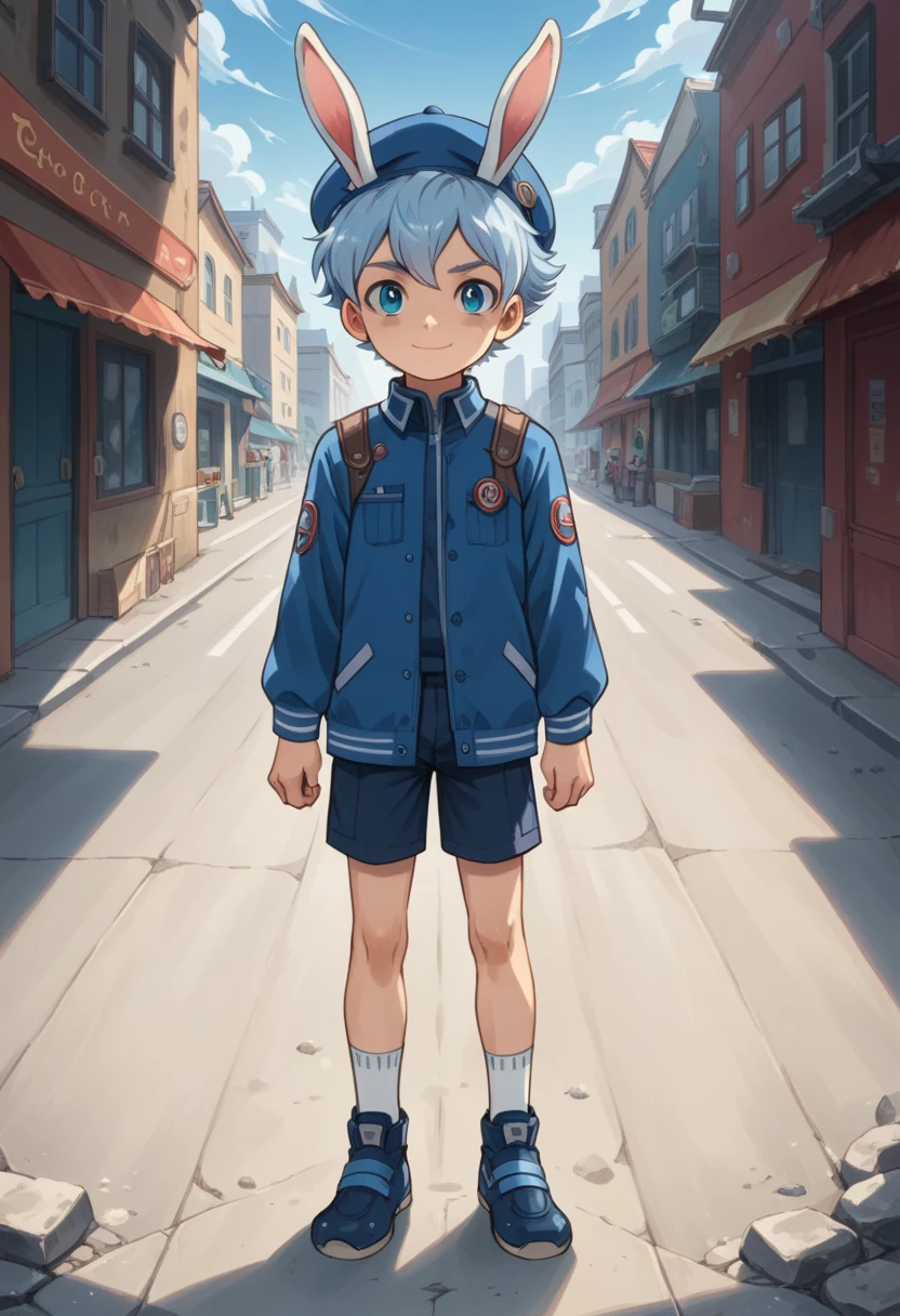 Score_9, score_8_up, score_7_up, rating_safe, Cute young naked boy, luca,blue hair, blue eyes, rabbit ears,rabbit boy,　cute face, very smail, light smile,  grinning evily，Boy student，short detailed hair，Shota，solo person，Wear a red and blue beret，punky style，Black stroke，solo person，Fluttering feathers，The city of the future，nigth，Contre-Jour,  ((full view body)),