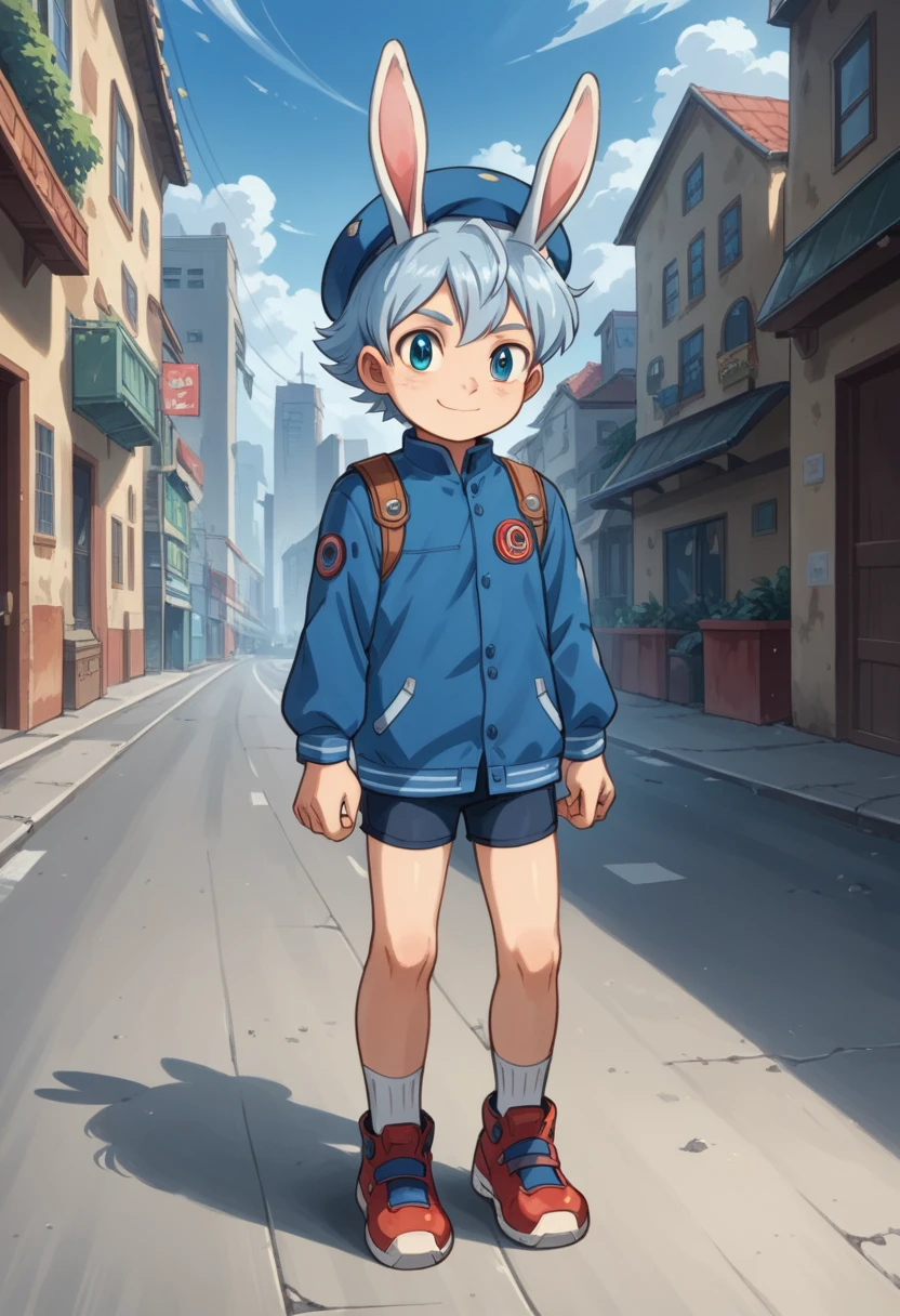 Score_9, score_8_up, score_7_up, rating_safe, Cute young naked boy, luca,blue hair, blue eyes, rabbit ears,rabbit boy,　cute face, very smail, light smile,  grinning evily，Boy student，short detailed hair，Shota，solo person，Wear a red and blue beret，punky style，Black stroke，solo person，Fluttering feathers，The city of the future，nigth，Contre-Jour,  ((full view body)),