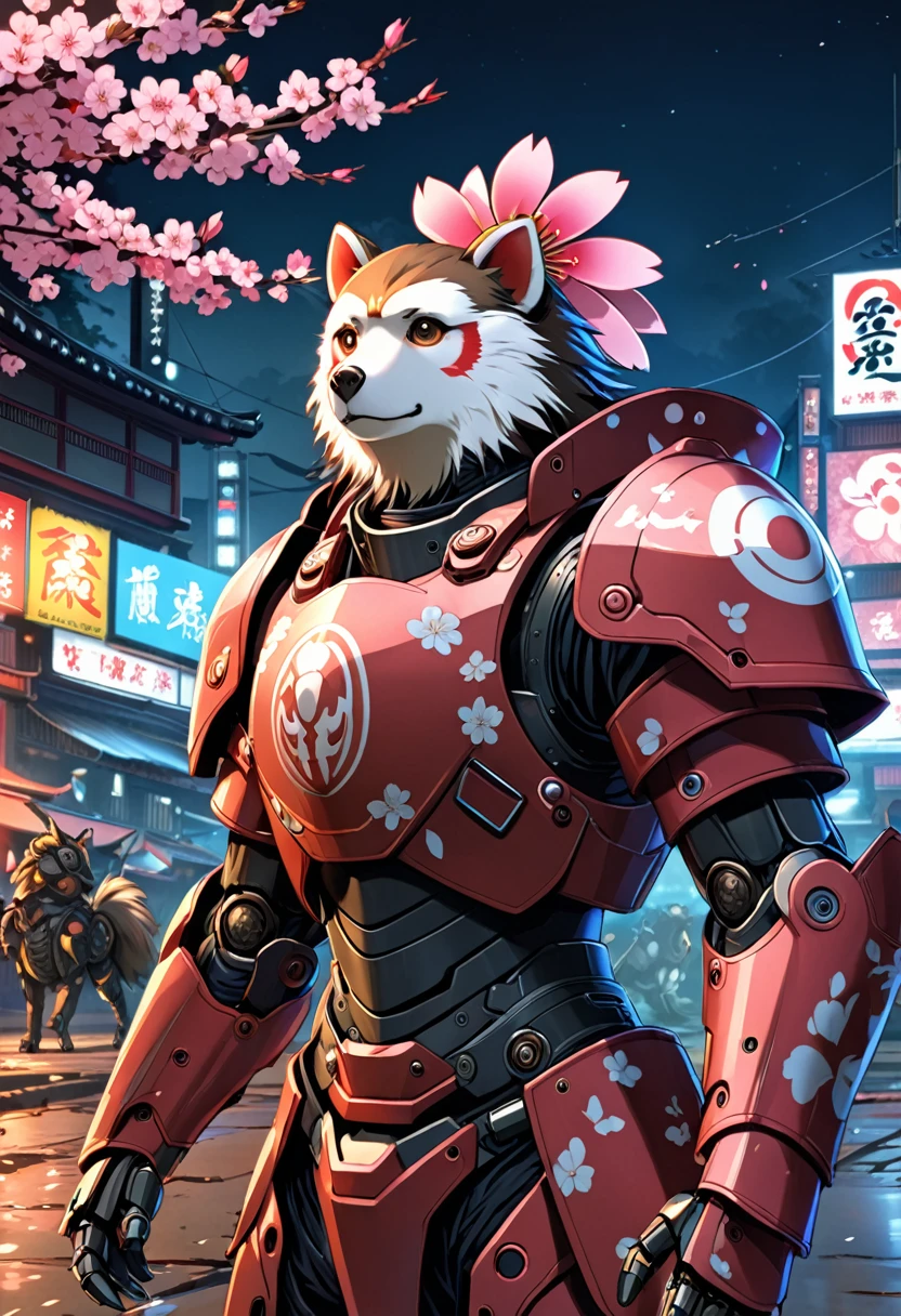 Momotaro, Cyberpunk, (日本warrior刀, warrior), 1 man, Wakame, Peach blossom on forehead, ((Mechanical Armor)), battlefield, night, best quality, Best masterpiece, HD, 16K, 1 dog, 1. Monkey, 1 chicken