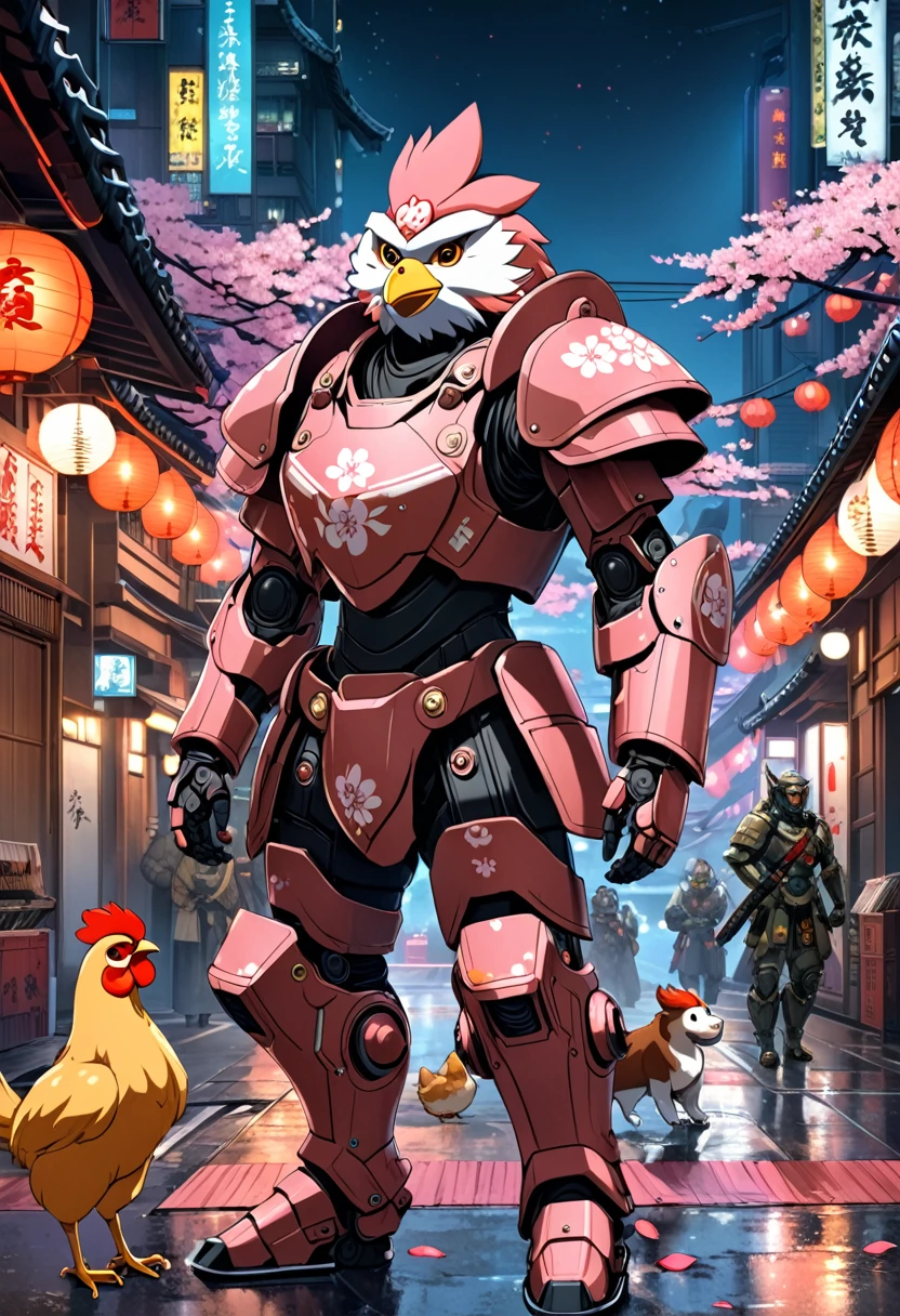 Momotaro, Cyberpunk, (日本warrior刀, warrior), 1 man, Wakame, Peach blossom on forehead, ((Mechanical Armor)), battlefield, night, best quality, Best masterpiece, HD, 16K, 1 dog, 1. Monkey, 1 chicken