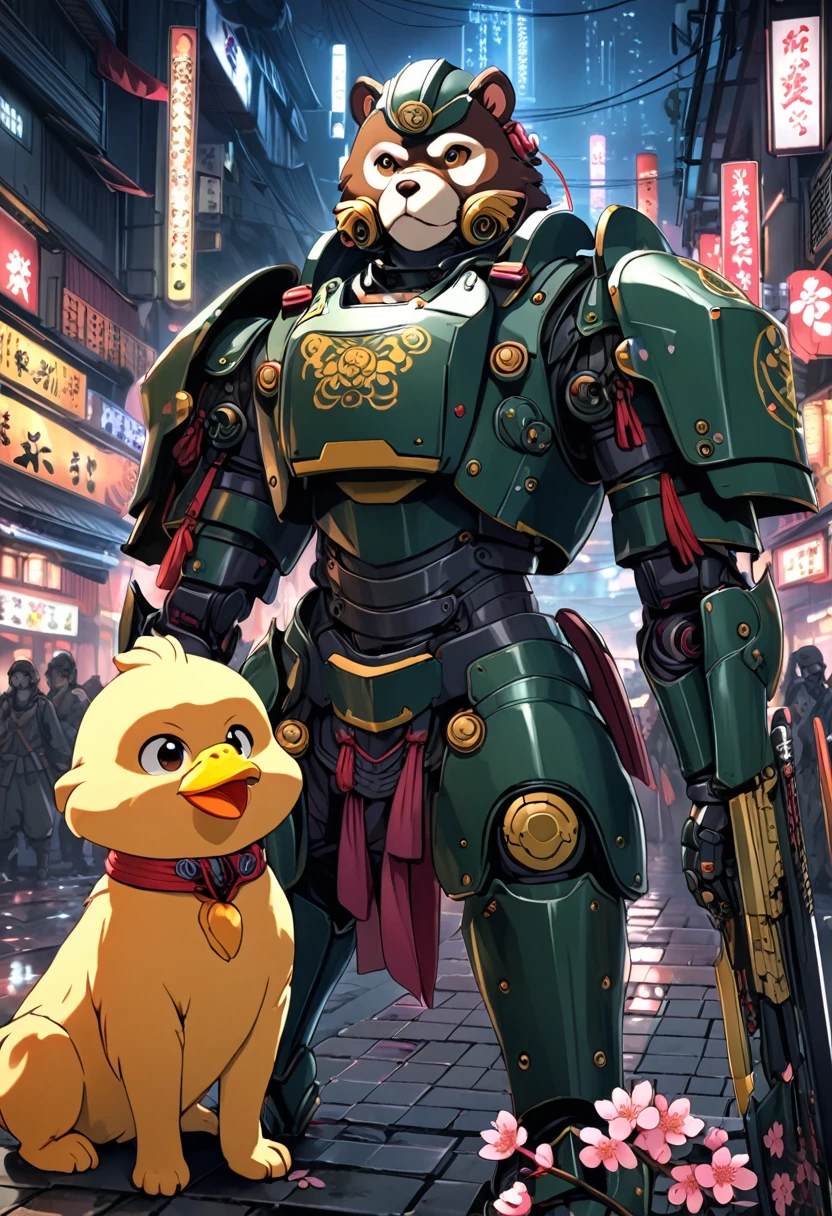 Momotaro, Cyberpunk, (日本warrior刀, warrior), 1 man, Wakame, Peach blossom on forehead, ((Mechanical Armor)), battlefield, night, best quality, Best masterpiece, HD, 16K, 1 dog, 1. Monkey, 1 chicken