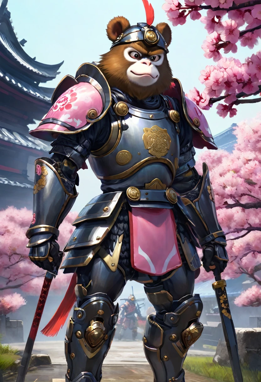 Momotaro, Cyberpunk, (日本warrior刀, warrior), 1 man, Wakame, Peach blossom on forehead, ((Mechanical Armor)), battlefield, night, best quality, Best masterpiece, HD, 16K, 1 dog, 1. Monkey, 1 chicken