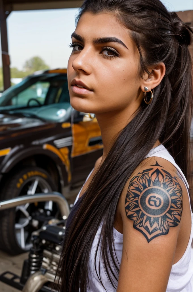 A tough-looking college-age girl with dark brown messy hair, and fair skin, has a nose piercing, an eyebrow piercing, three ear piercings in both ears, tattoos on her arm, and works as a mechanic