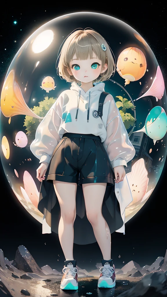 delicate、detailed、high quality、high resolution、4K、high quality、Short Mash Hair、Short Hair、Blonde Hair Color、Turquoise Eyes、white色のパーカー、Black hot pants、Black sneakers、Childish, high quality、超detailedな、(1 girl in:1.3)、internal、、 girl,,Chairman Type,M-shaped foot、small, Inflated,white, See-through, Wet underwear,Complex architecture、Lush garden、Designing Peace and Spirituality。Designed with a fisheye effect image that captures a wide field of view with a unique curved viewing angle。Panoramic cityscape、Dramatic Skyline、breather、A sophisticated space with a rooftop view