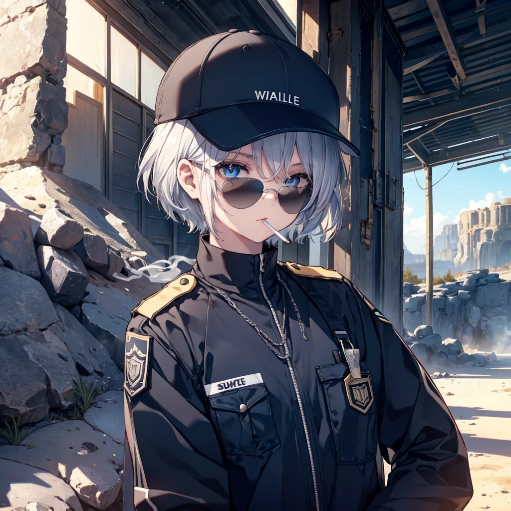 (((Smoke a cigarette　Wear sunglasses　Security Officer　Wear a hat)))　(((Gray Hair　Short Hair　blue eyes　girl)))，((noon　wilderness　In the middle of the desert))，(Shining Sun　Rolling Skull)，　Shining Background　Shining Edge