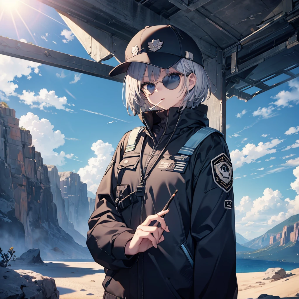 (((Smoke a cigarette Wear sunglasses Security Officer Wear a hat))) (((Gray Hair Short Hair blue eyes girl))),((noon wilderness In the middle of the desert)),(Shining Sun Rolling Skull), Shining Background Shining Edge